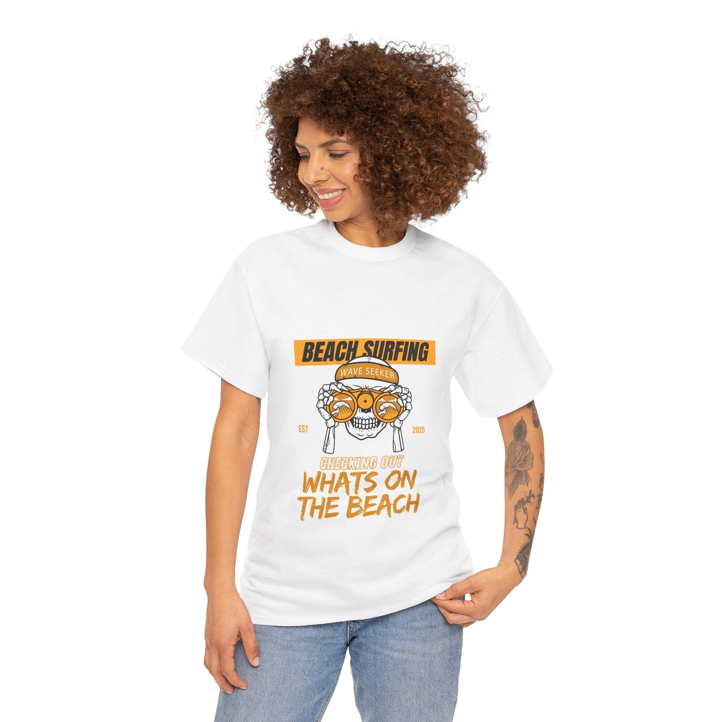 Beach Surfing Unisex Heavy Cotton Tee - 'What's On The Beach' Graphic Tee for Beach Lovers