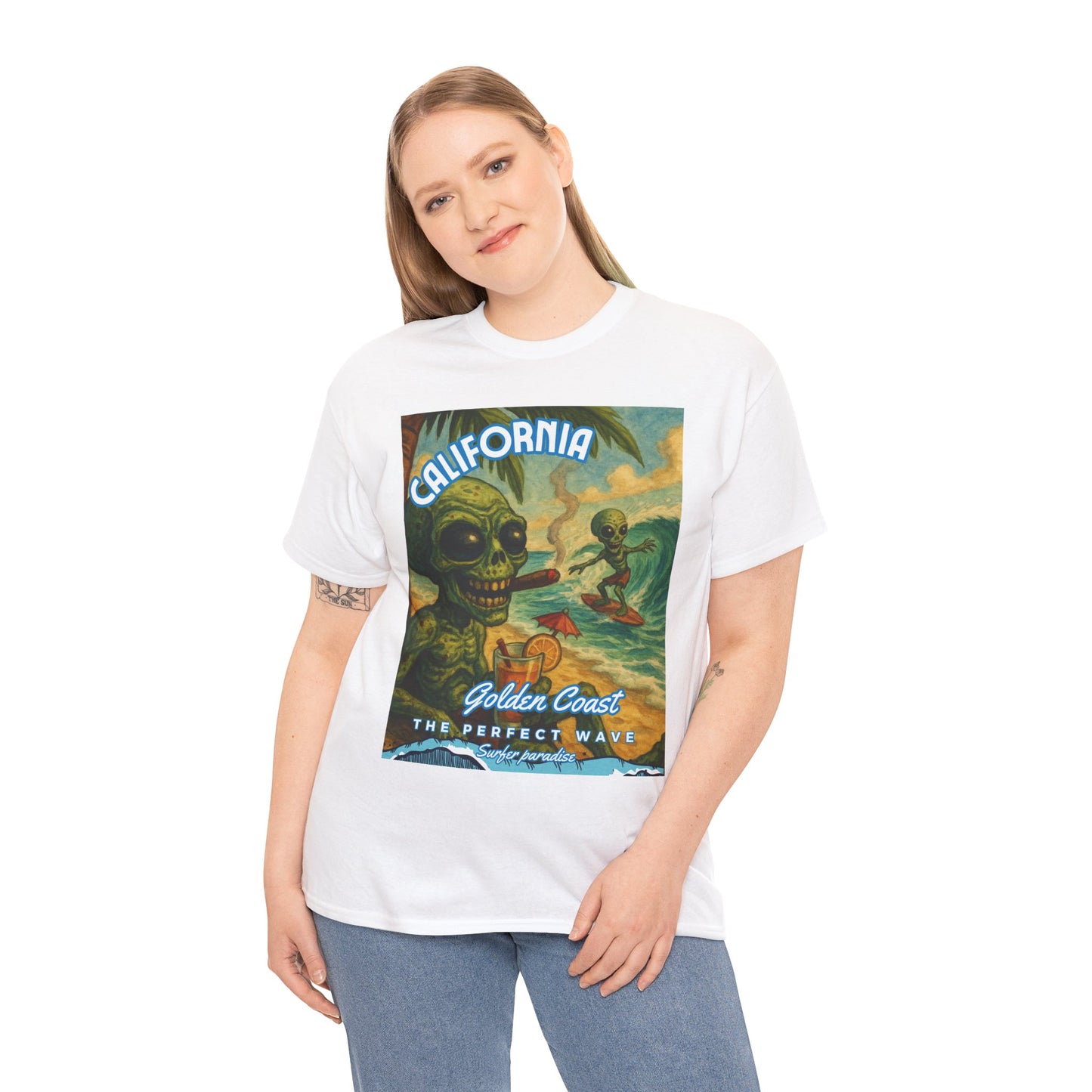 California Surf Vibes Unisex Heavy Cotton Tee - Retro Skeleton Design