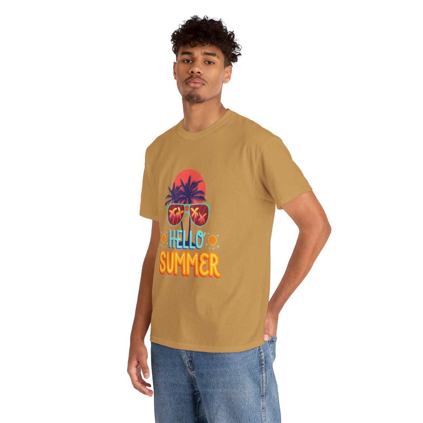 Hello Summer Unisex Heavy Cotton Tee – Vibrant Graphic Tee for Beach Lovers