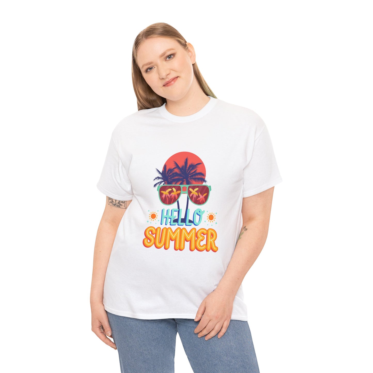 Hello Summer Unisex Heavy Cotton Tee – Vibrant Graphic Tee for Beach Lovers