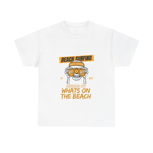 Beach Surfing Unisex Heavy Cotton Tee - 'What's On The Beach' Graphic Tee for Beach Lovers