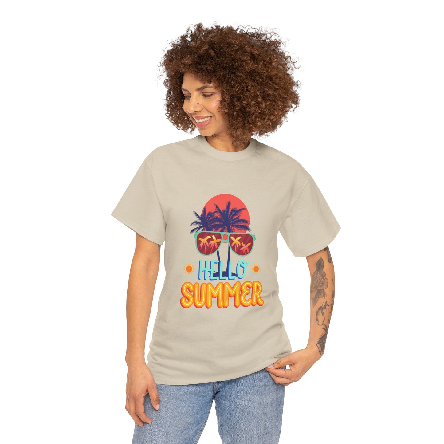 Hello Summer Unisex Heavy Cotton Tee – Vibrant Graphic Tee for Beach Lovers