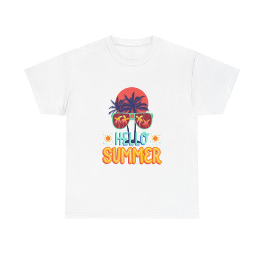 Hello Summer Unisex Heavy Cotton Tee – Vibrant Graphic Tee for Beach Lovers