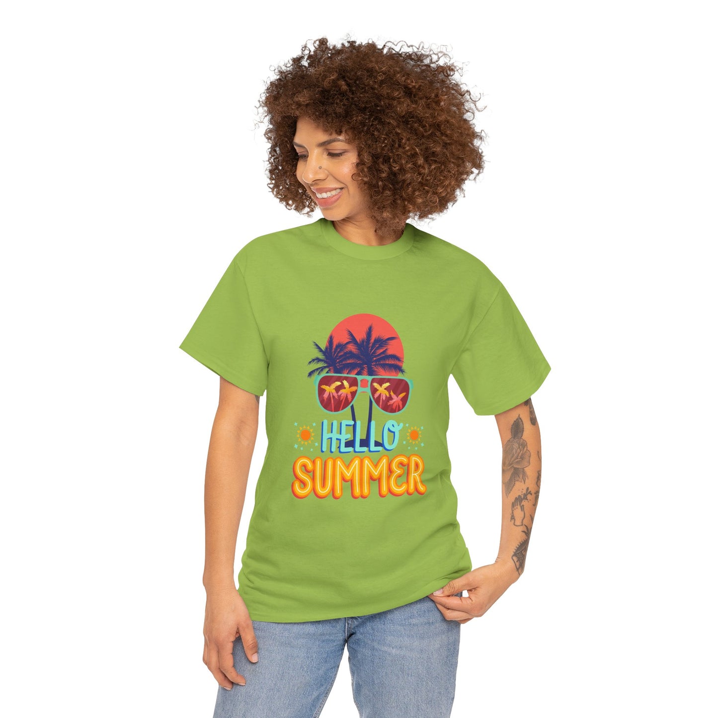Hello Summer Unisex Heavy Cotton Tee – Vibrant Graphic Tee for Beach Lovers