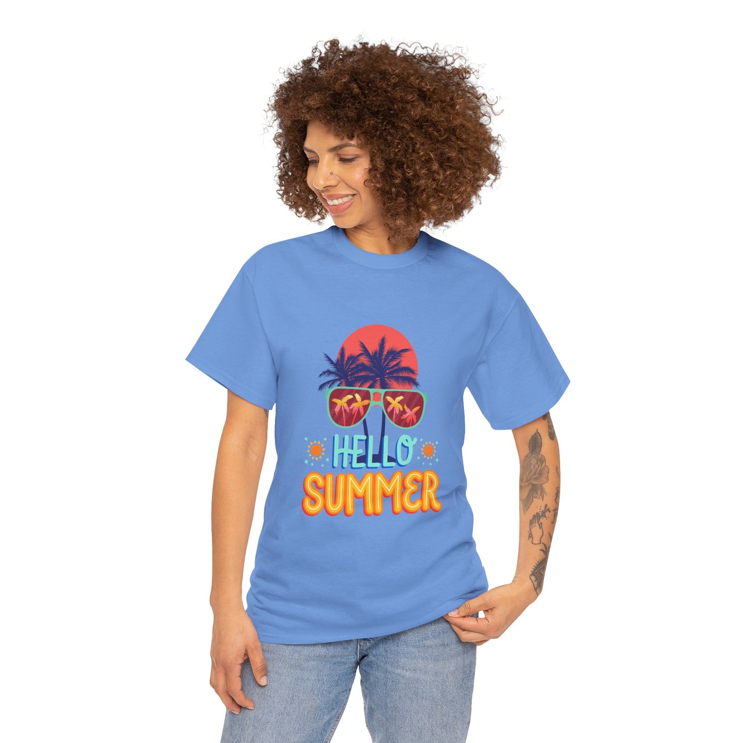 Hello Summer Unisex Heavy Cotton Tee – Vibrant Graphic Tee for Beach Lovers
