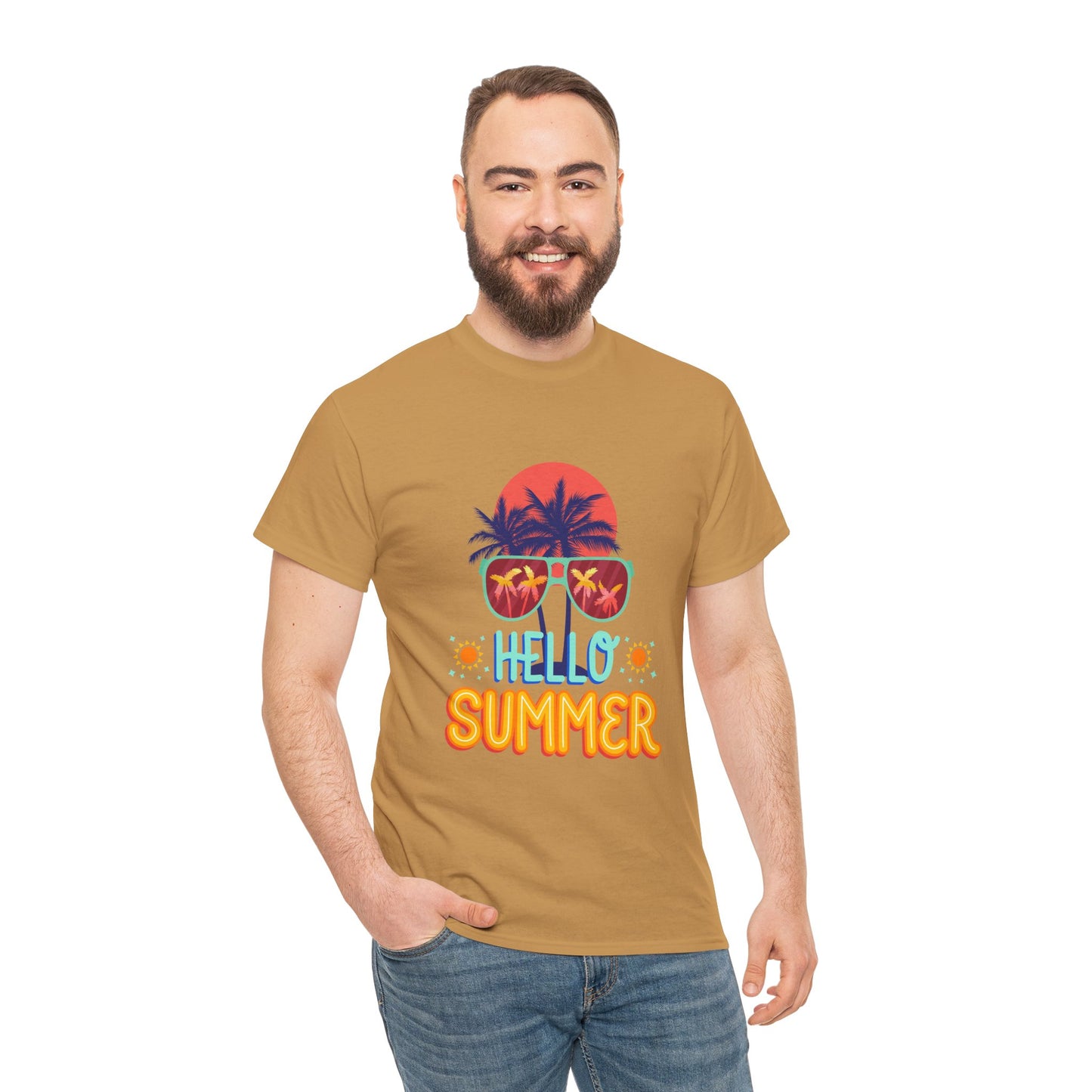 Hello Summer Unisex Heavy Cotton Tee – Vibrant Graphic Tee for Beach Lovers
